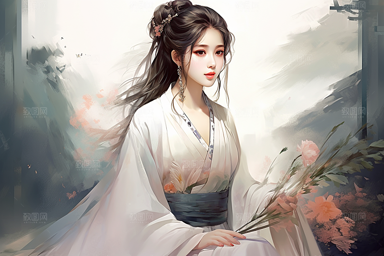 新中式美女水墨文艺插画