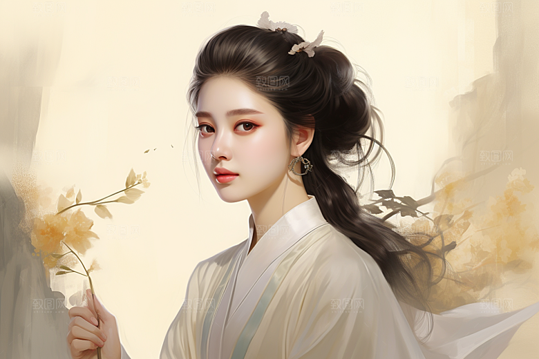 新中式美女温婉手绘插画