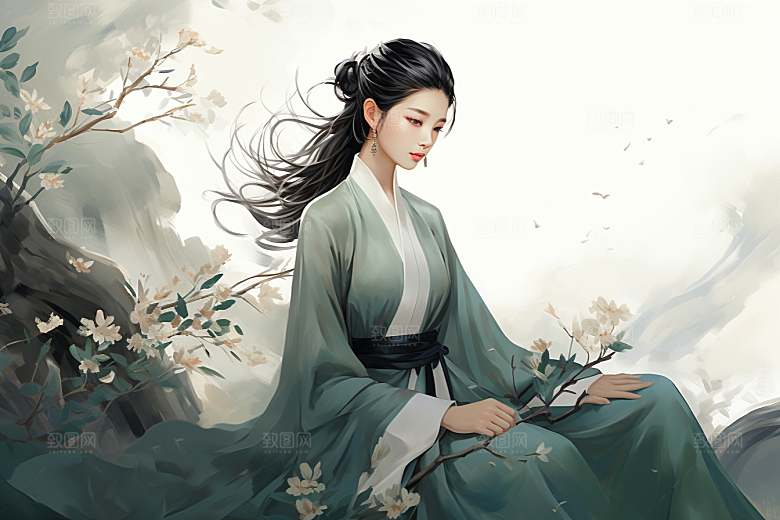 新中式美女温婉水墨插画