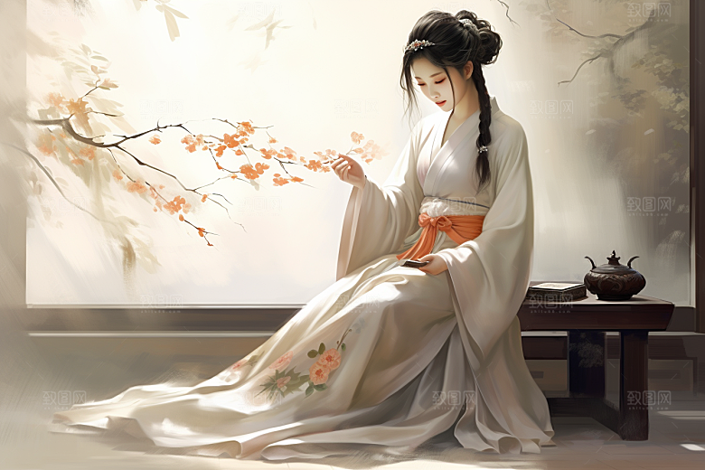 新中式美女温婉文艺插画