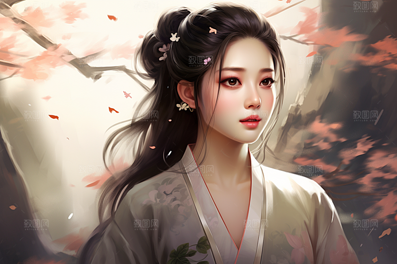 新中式美女中国风水墨插画