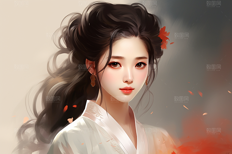 新中式美女中国风水墨插画