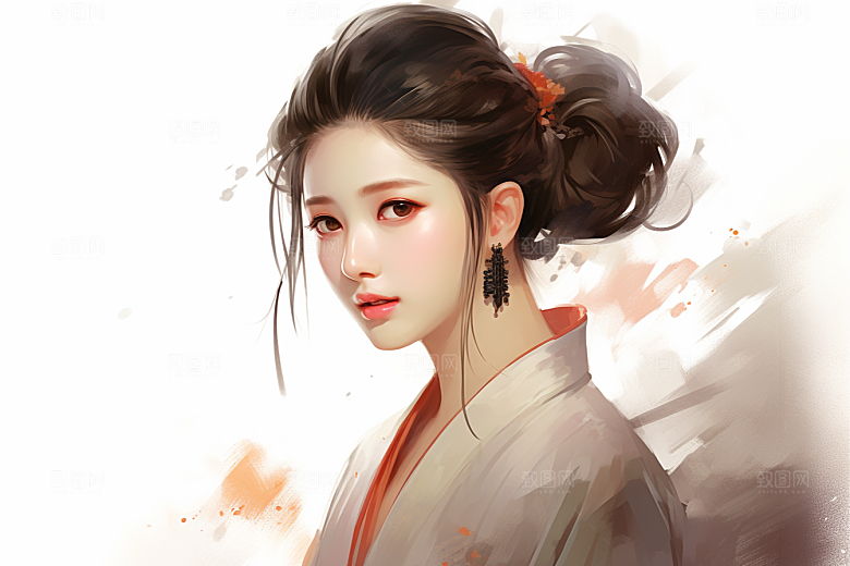 新中式美女水墨高清插画
