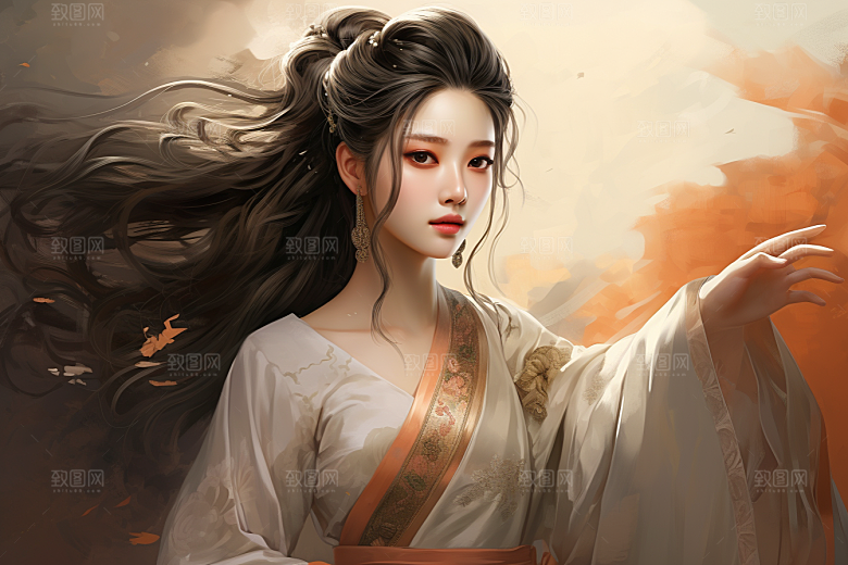 新中式美女手绘水墨插画