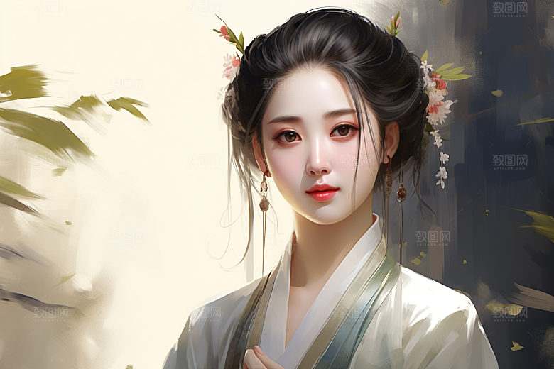 新中式美女手绘水墨插画