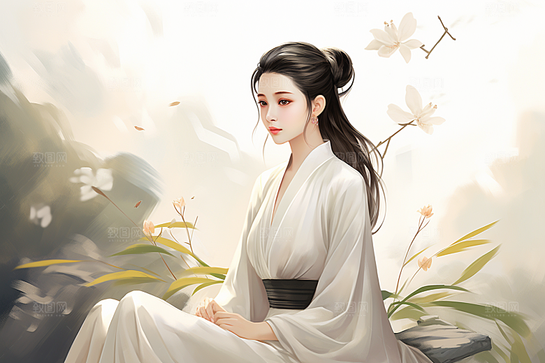 新中式美女文艺水墨插画