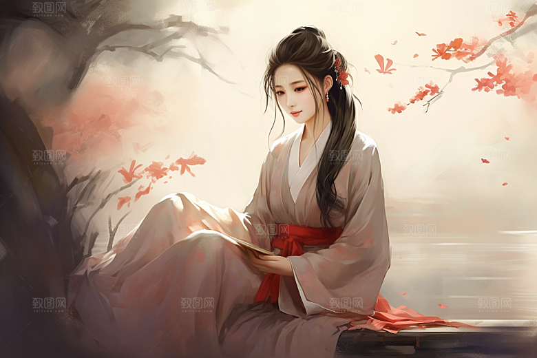 新中式美女水墨艺术插画