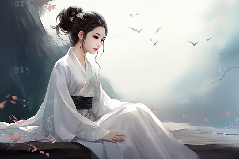 新中式美女艺术水墨插画