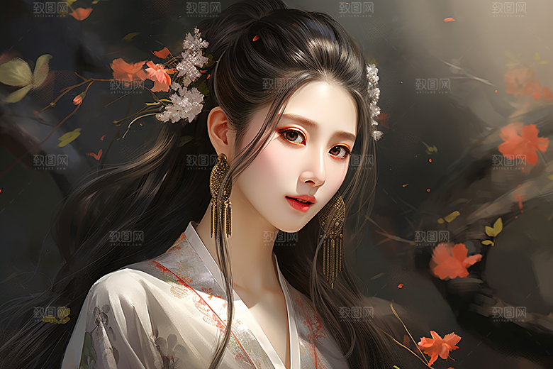 新中式美女艺术手绘插画