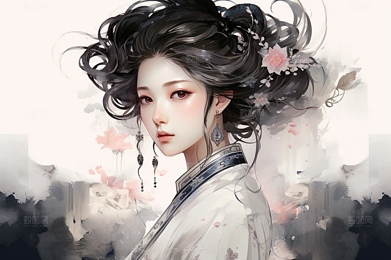 新中式美女艺术水墨插画