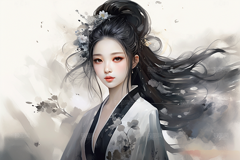 新中式美女温婉水墨插画