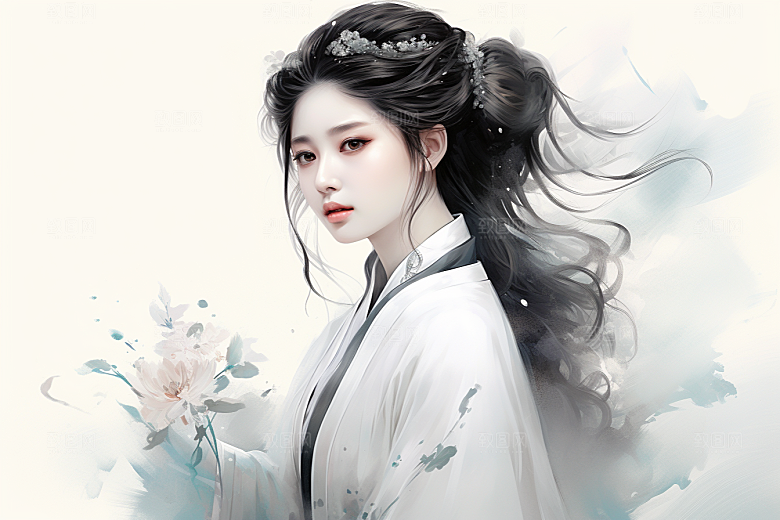 新中式美女手绘高清插画