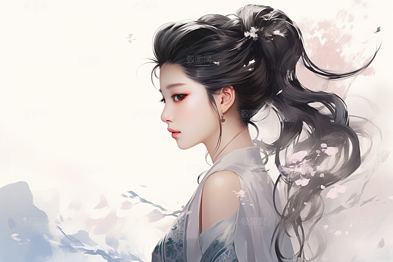 新中式美女中国风水墨插画