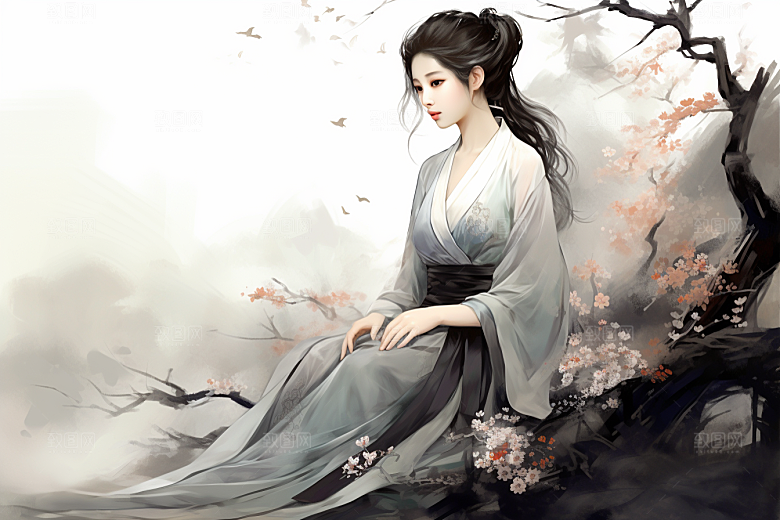新中式美女手绘温婉插画