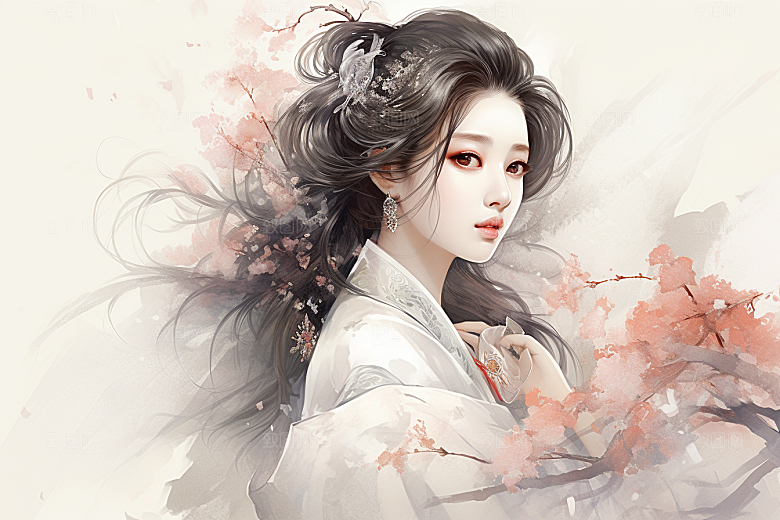 新中式美女水墨温婉插画