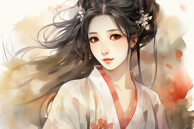 新中式美女水墨唯美插画