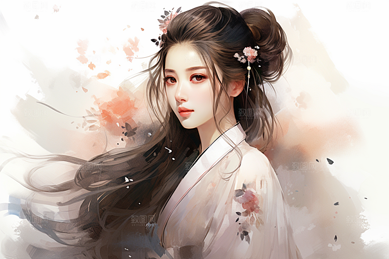 新中式美女唯美水墨插画