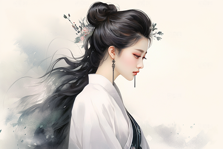 新中式美女水墨文艺插画