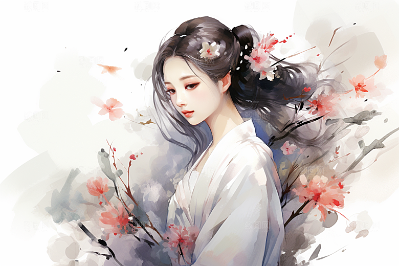 新中式美女水墨温婉插画