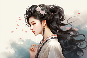 新中式美女手绘中国风插画