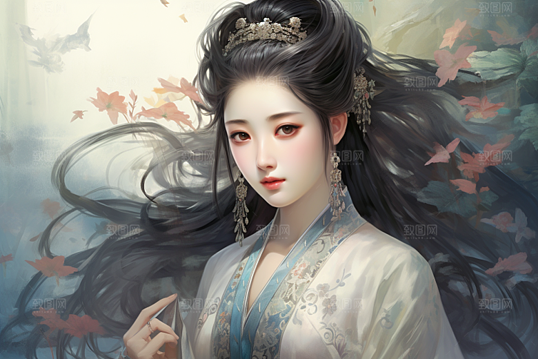 新中式美女水墨温婉插画