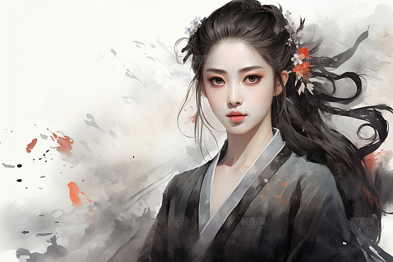 新中式美女中国风水墨插画