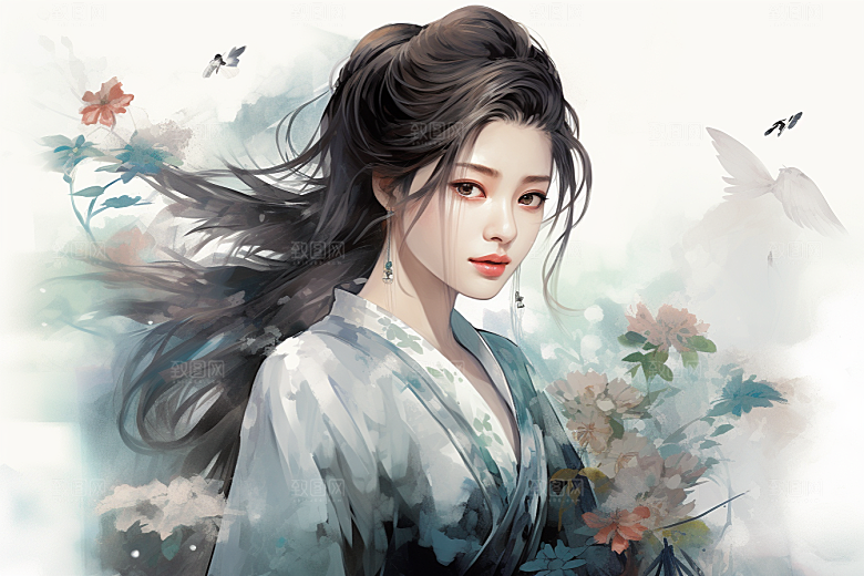 新中式美女文艺水墨插画