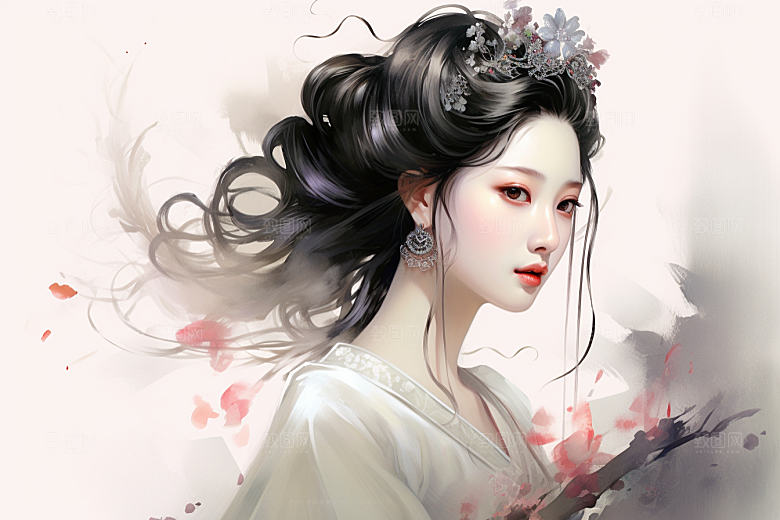 新中式美女水墨高清插画