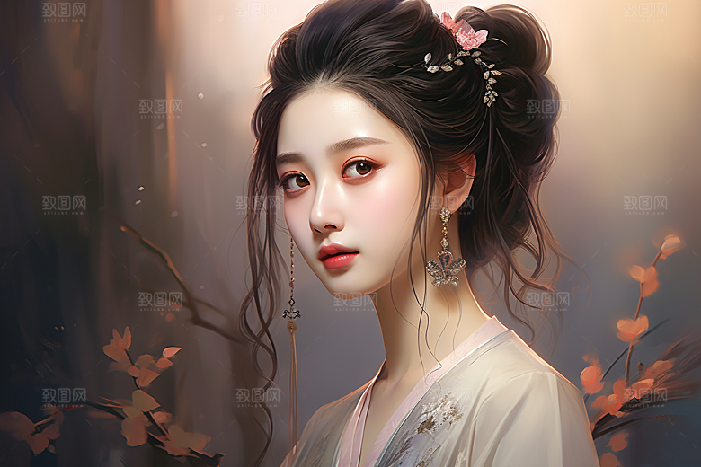 新中式美女艺术水墨插画