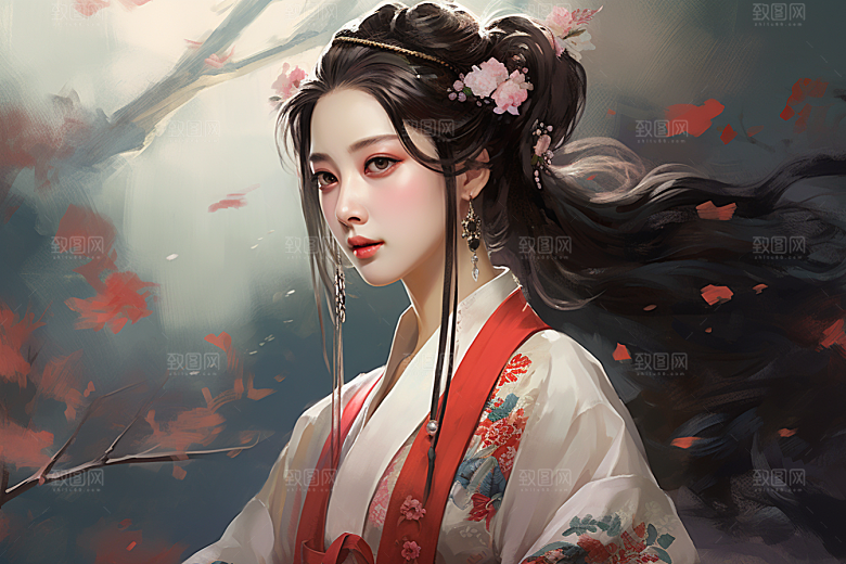 新中式美女文艺高清插画