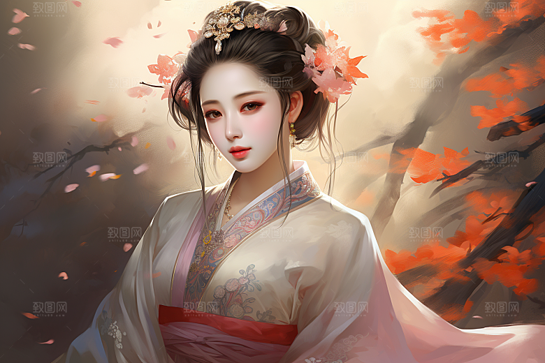 新中式美女中国风水墨插画