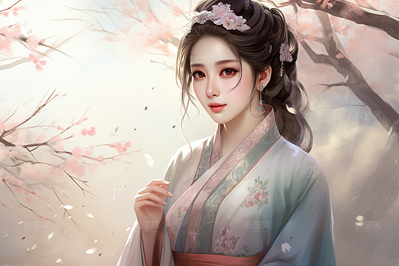 新中式美女手绘温婉插画