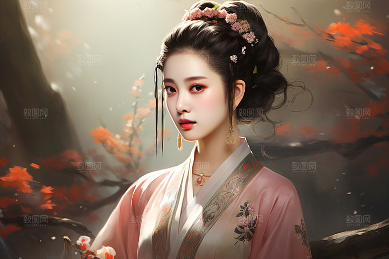 新中式美女中国风水墨插画