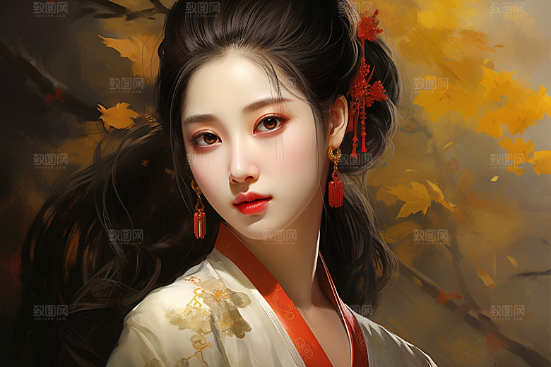 新中式美女手绘高清插画