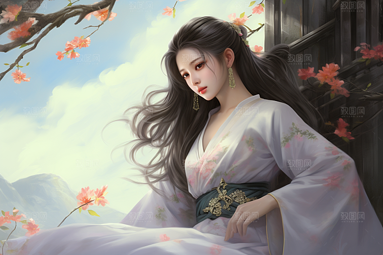 新中式美女高清水墨插画
