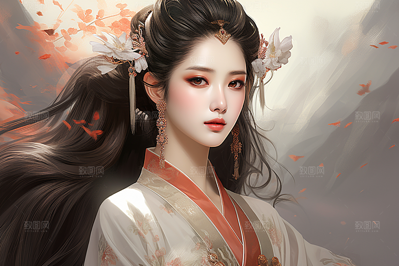 新中式美女艺术高清插画