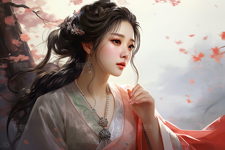 新中式美女中国风水墨插画