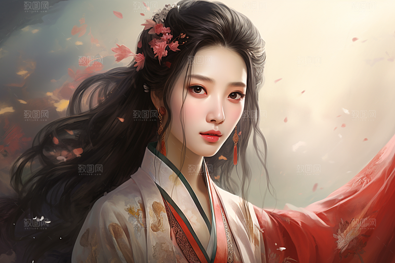 新中式美女手绘水墨插画