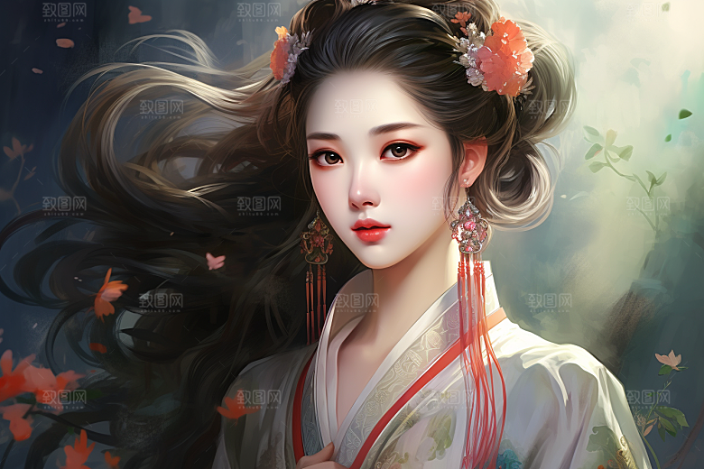 新中式美女中国风水墨插画