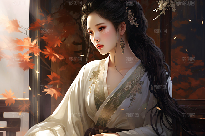 新中式美女手绘艺术插画