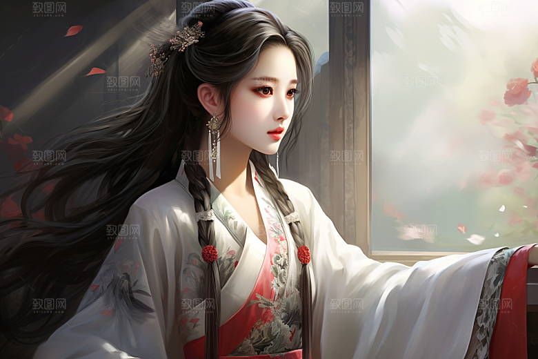 新中式美女艺术水墨插画