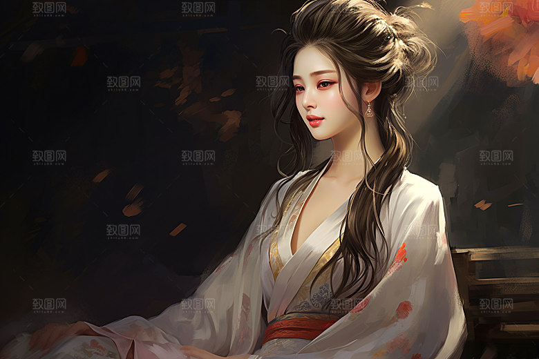 新中式美女手绘唯美插画