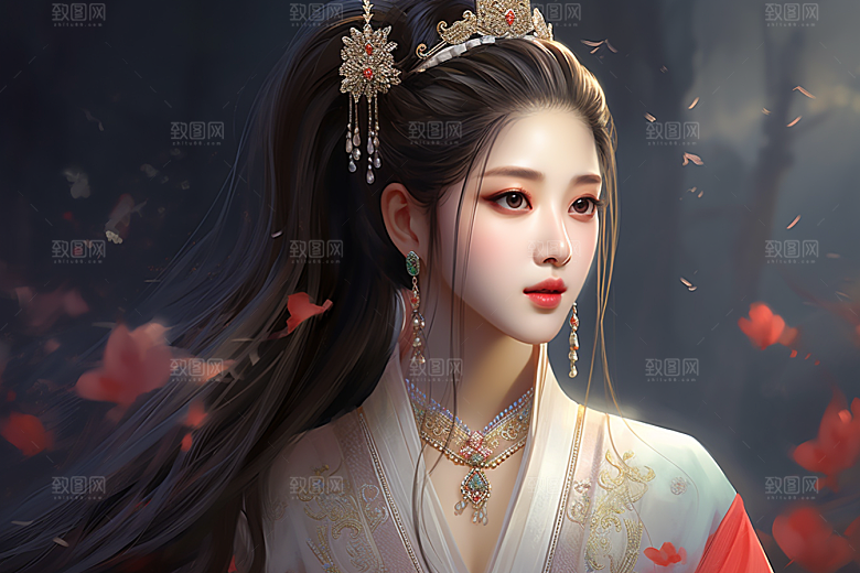 新中式美女手绘艺术插画