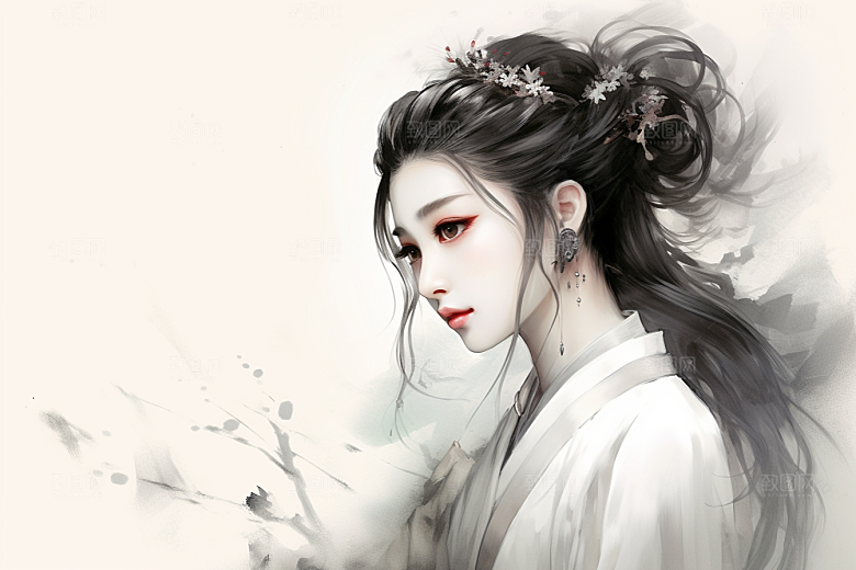 新中式美女手绘艺术插画