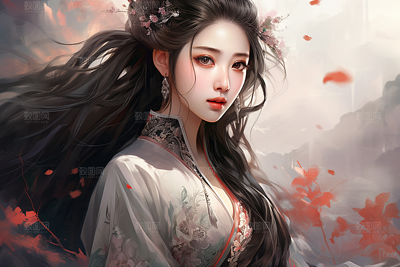 新中式美女温婉水墨插画