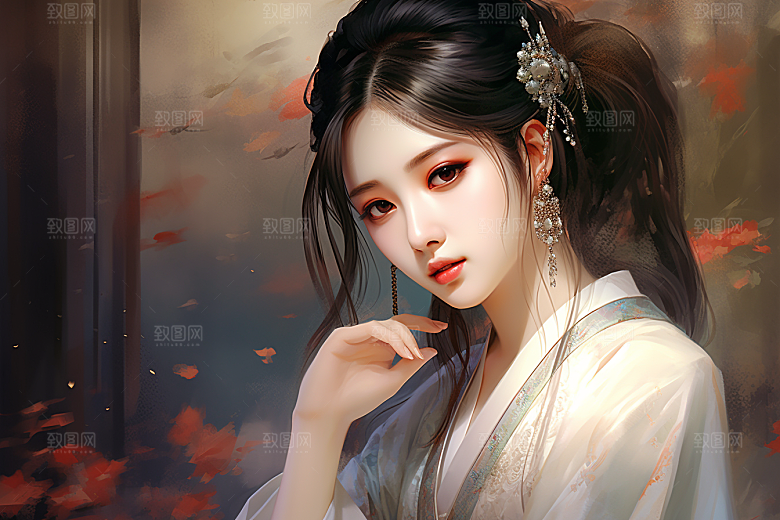 新中式美女高清水墨插画