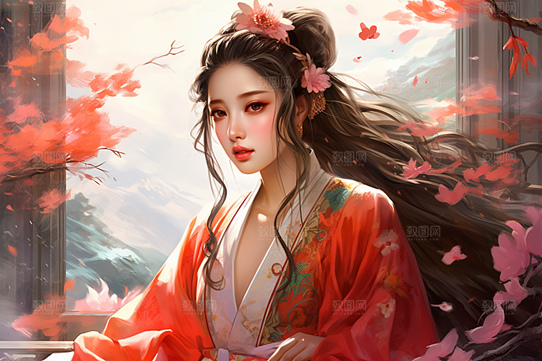 新中式美女手绘艺术插画