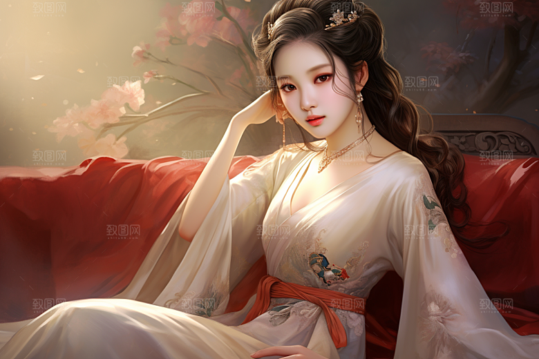 新中式美女高清手绘插画