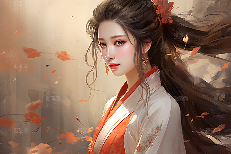 新中式美女文艺水墨插画