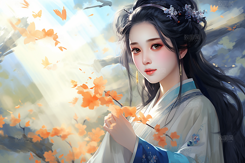 新中式美女水墨艺术插画